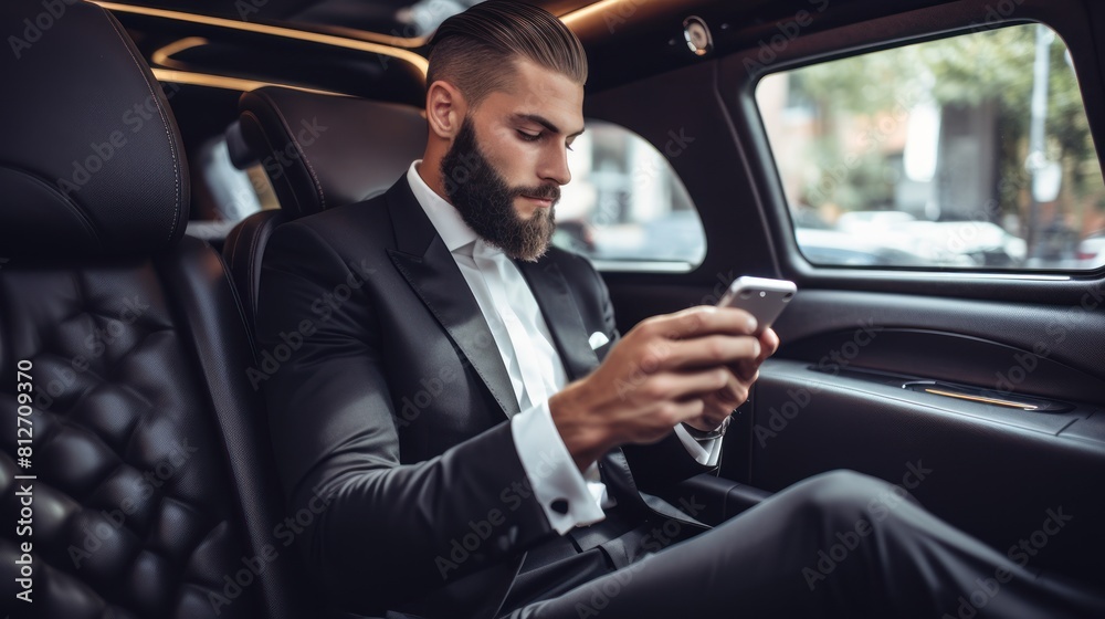 Handsome businessman in suit is sitting and working with a smartphone. in the backseat of a Luxury Car.
