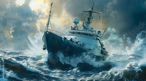 Depict a modern oceanographic vessel braving stormy seas, with researchers deploying advanced equipment to study deepsea phenomena photo