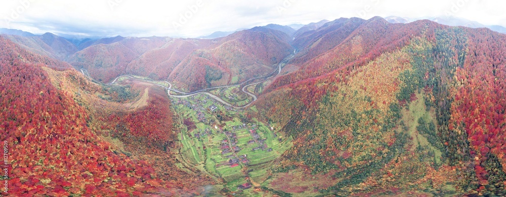 360 degree circular panorama of the autumn Carpathians from a drone photo, Ukraine