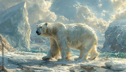 Depict a polar bear traversing a frozen landscape, its white fur blending seamlessly with the ice and snow