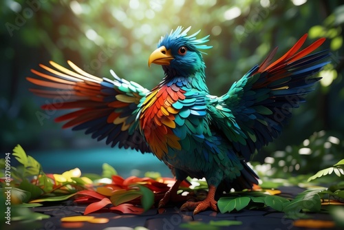 a beautiful amazon parrot in the treetops in a tropical rainforest, bright flowers and leaves, exotic plants, vines. Wildlife concept of ecological environment.