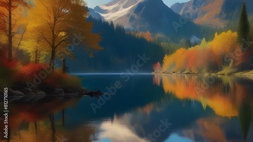 a tranquil mountain lake surrounded by autumn foliage