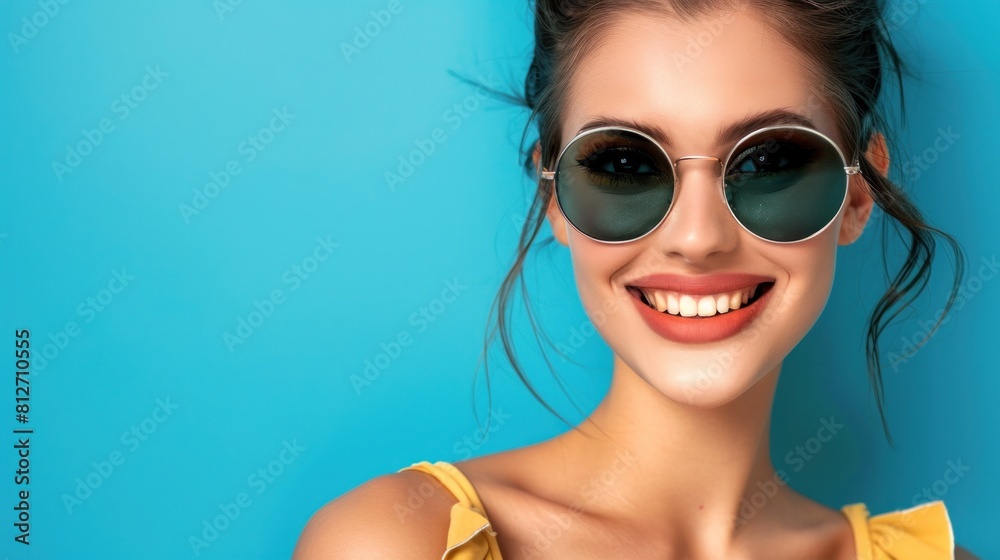 A stylish young woman in sunglasses smiling against blue background. A stylish young woman in sunglasses smiling against blue background.