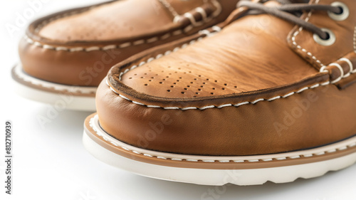 Close-up of stylish brown leather boat shoes with white stitching and perforated details on a white background. photo