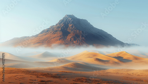 Golden Light Over Desert Dunes with a Hazy, Distant Atmosphere