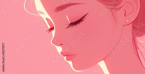 A beautiful woman with a watercolor illustration  on a pink background with a dreamy mood and pastel colors. It is a portrait closeup of her face in profile with soft lighting. 
