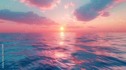 The ocean is calm and the sky is pink and orange