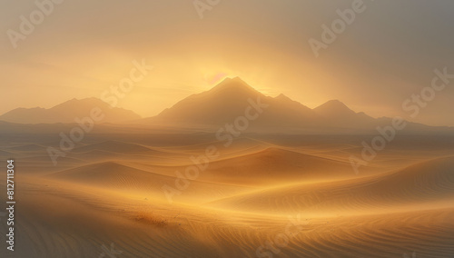 Stunning Desert Dunes in Golden Light with a Hazy Distant View