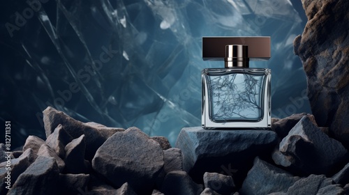 Mockup of blue men's perfume bottle on abstract stone background	
 photo