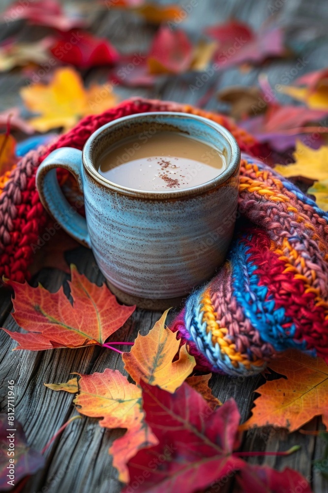 Cozy Autumn Morning with Warm Coffee Mug Wrapped in Colorful Scarf on Wooden Surface Surrounded by Fall Leaves. Cozy Autumn Morning with Warm Coffee Mug Wrapped in Colorful Scarf on Wooden Surface Surrounded by Fall Leaves.