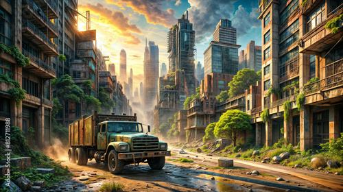 Post-apocalyptic cityscape reclaimed by nature, featuring overgrown vegetation, crumbling buildings, and a rusty truck driving down the street under a warm, golden sunset. photo