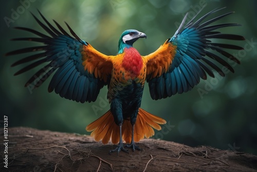 a beautiful amazon parrot in the treetops in a tropical rainforest, bright flowers and leaves, exotic plants, vines. Wildlife concept of ecological environment.