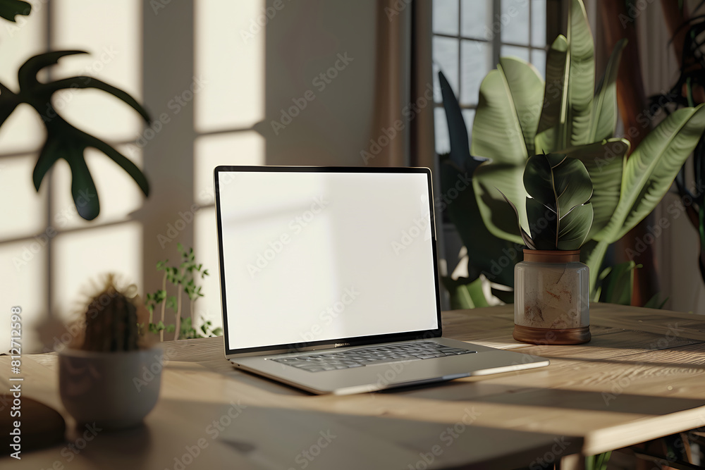 a blank laptop screen on a desk, perfect for presenting website and software designs for technology brands a blank laptop screen on a desk, perfect for presenting website and software designs for technology brands