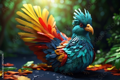a beautiful amazon parrot in the treetops in a tropical rainforest, bright flowers and leaves, exotic plants, vines. Wildlife concept of ecological environment.