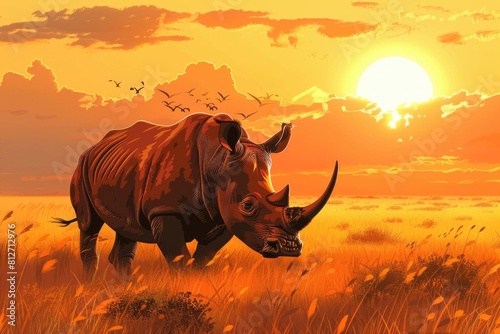 A majestic rhino in a field at sunset  perfect for wildlife enthusiasts