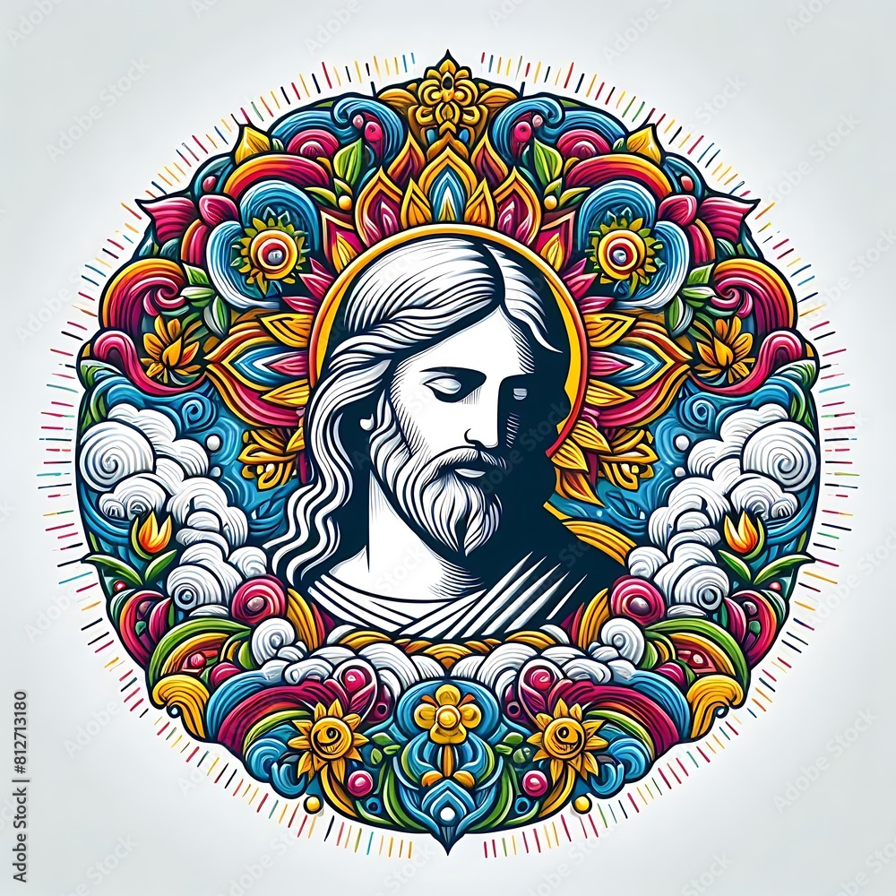 A colorful drawing of a jesus christ with a beard attractive harmony used for printing card design illustrator. A colorful drawing of a jesus christ with a beard attractive harmony used for printing card design illustrator.