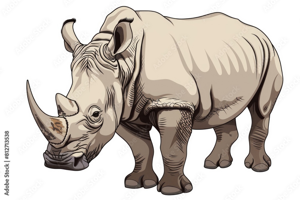 Fototapeta premium Majestic rhino against a plain white backdrop. Ideal for educational materials