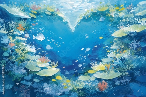 Heartshaped coral reef  watercolor  underwater  colorful fish  clear waters  birdseye view   illustration style
