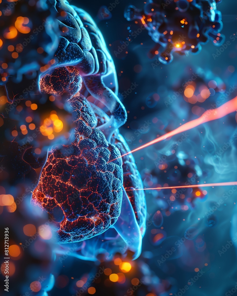 Extreme closeup of laser beams destroying lung cancer cells, showing ...