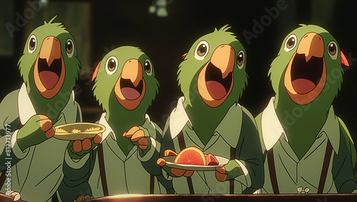 cartoon of four green parrots wearing white shirts sitting at table with plates and silverware, on black background, 90s anime, still shot from tv show 