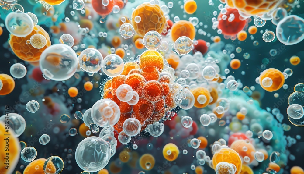 biotech enzymes acting on food particles, top view, Enzyme activity zoom, sci fi tone, Complementary Color Scheme biotech enzymes acting on food particles, top view, Enzyme activity zoom, sci fi tone, Complementary Color Scheme