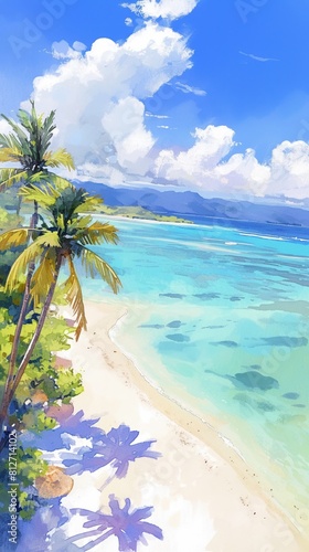 Tropical beach at midday  realistic watercolor  saturated colors  overhead sun  high angle   illustration style