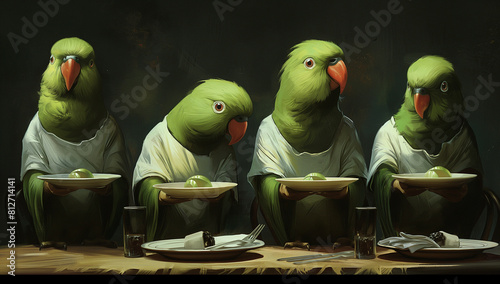 cartoon of four green parrots wearing white shirts sitting at table with plates and silverware, on black background, 90s anime, still shot from tv show 