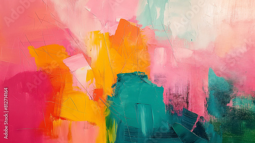 Beautiful abstract painting with vivid colors and simple shades. Pink, mint green, yellow artistic bright colorful maximalist wall art