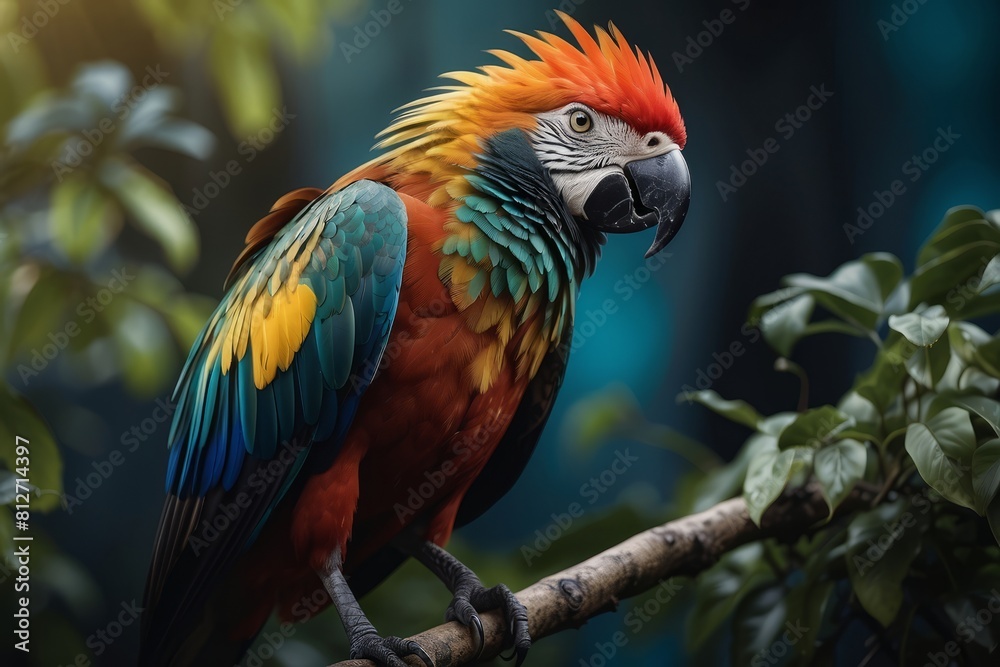 a beautiful amazon parrot in the treetops in a tropical rainforest, bright flowers and leaves, exotic plants, vines. Wildlife concept of ecological environment.