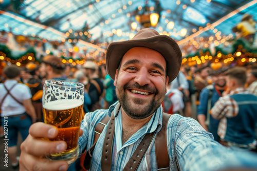 Happy man in traditional German hat and lederhosen taking a selfie with a beer at Oktoberfest, surrounded by a festive crowd and vibrant decorations at a lively market photo