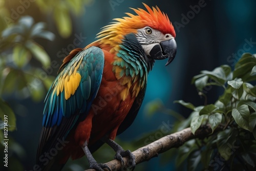 a beautiful amazon parrot in the treetops in a tropical rainforest, bright flowers and leaves, exotic plants, vines. Wildlife concept of ecological environment.