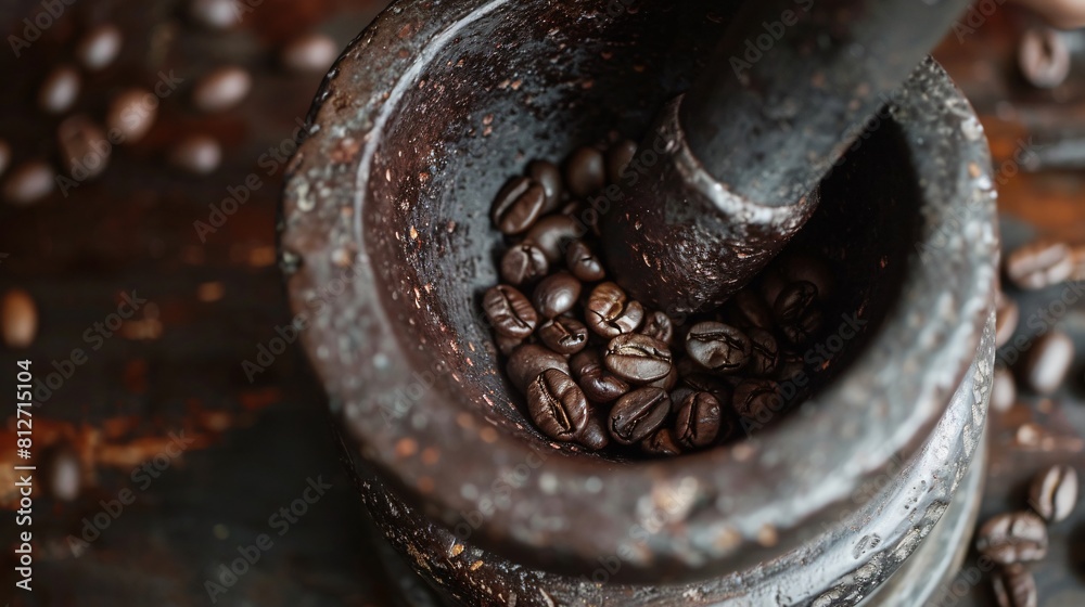Close up of coffee beans grounded in a traditional mortar and pestle showing the ancient techniques of coffee making Close up of coffee beans grounded in a traditional mortar and pestle showing the ancient techniques of coffee making