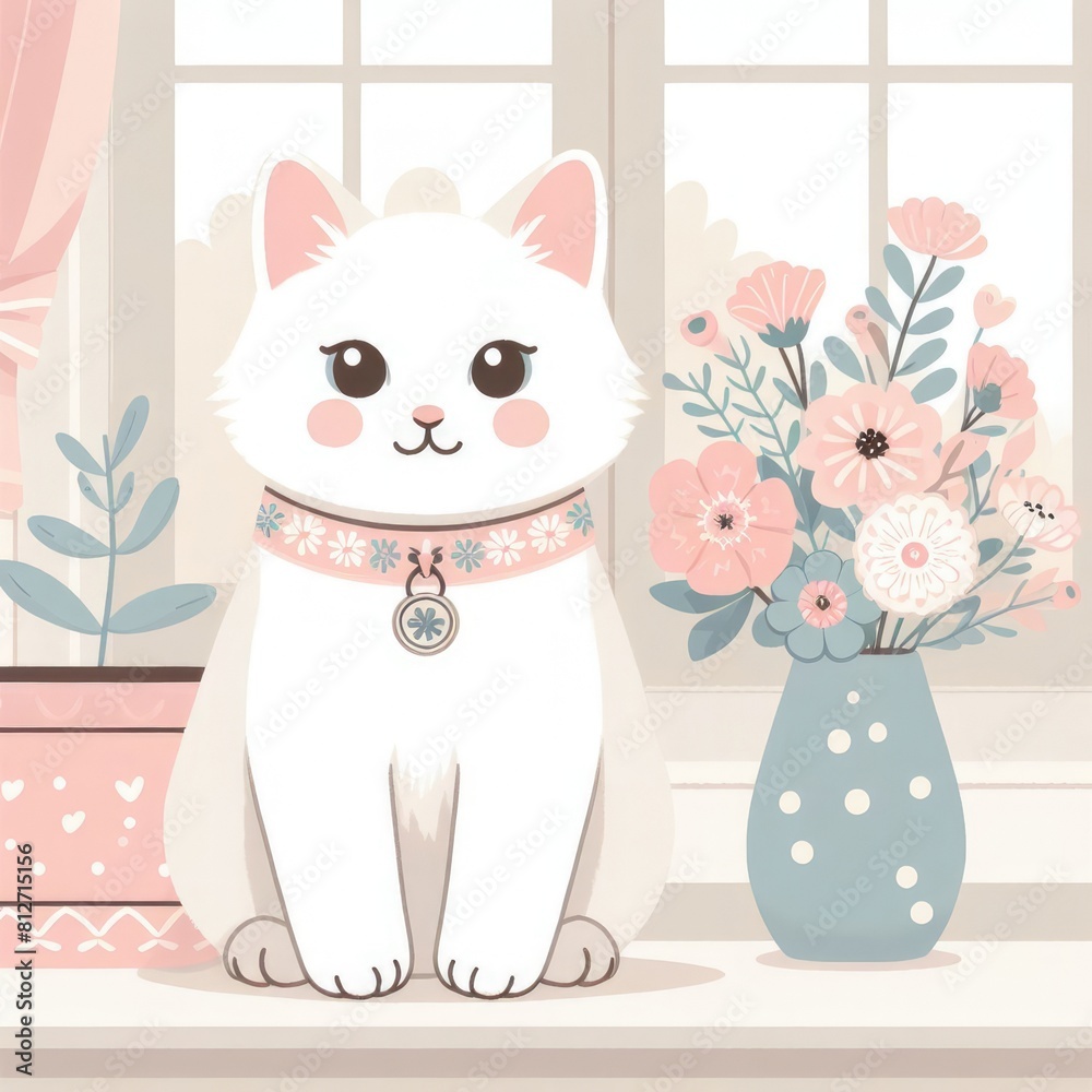 Fototapeta premium A cat sitting on a window sill with flowers in a vase harmony lively has illustrative meaning used for printing illustrator.