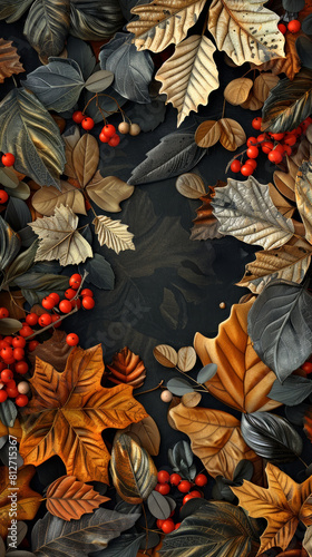 Elegant Autumn Leaf Arrangement with Vibrant Berries on Dark Background.