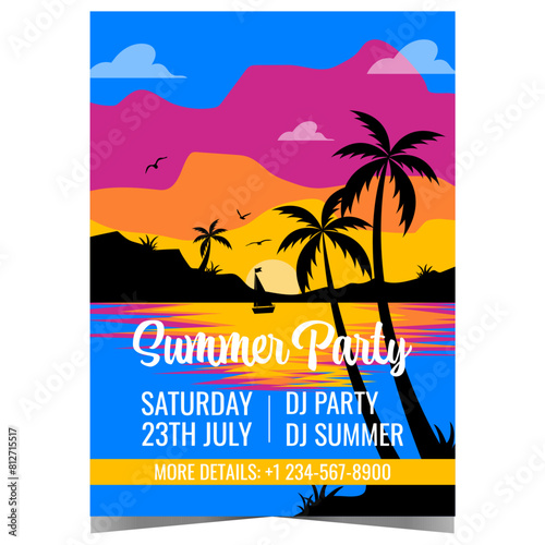 Summer party invitation for exotic and tropical entertainment event. Vector poster, banner or flyer with bright sunset, palm trees, hills, birds in the colourful sky and sailboat at sea.