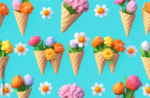 bright pattern of spring flowers in a waffle ice cream cone, over light blue background, spring blossom idea, decorative festive trend
