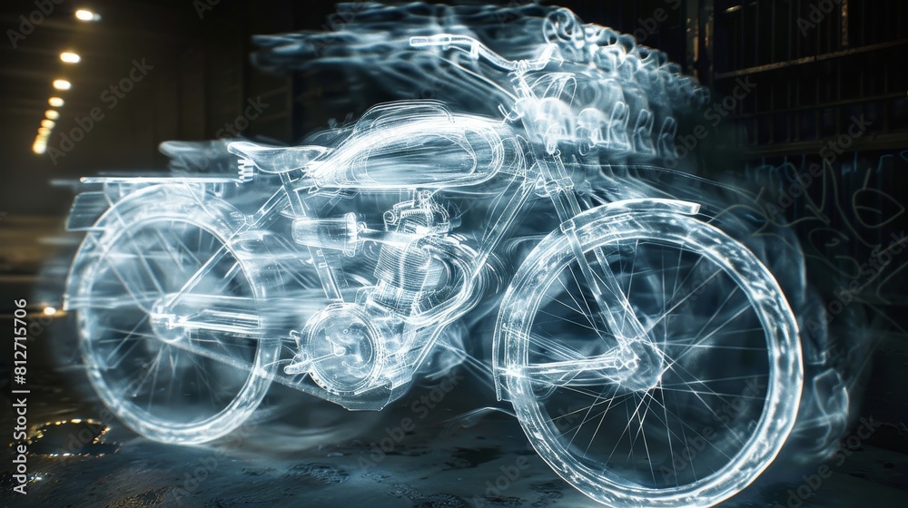 Obraz premium Ghostly, translucent motorcycle with a classic design, captured in a long exposure photograph that gives it a motion-blurred appearance