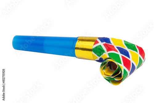 Rolled festive noisemaker or party whistle horn isolated on the white background