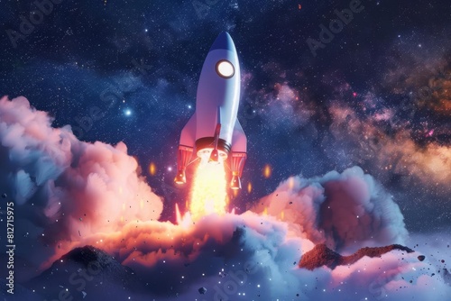 futuristic rocket launch with smoke and flames spaceship blasting off into starry night sky space exploration concept 3d illustration