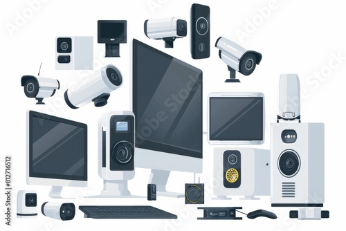 Presentation illustration on white background: Alarm System with secruity cameras at smart home, 4k stock illustration --chaos 10 --ar 3:2 --style raw Job ID: 8c1a2d45-5860-4f5b-9414-abedf427c429 photo