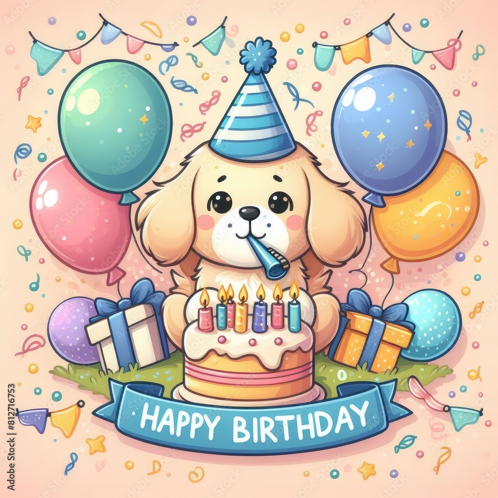 A cartoon dog with a party hat and balloons realistic attractive harmony lively illustrator. A cartoon dog with a party hat and balloons realistic attractive harmony lively illustrator.