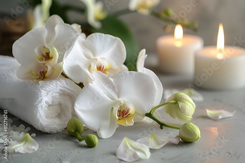 a marble table adorned with candles  orchids  and white towels. picture used to promote SPA services and fragrances. 