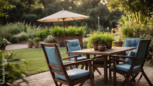 Home Garden Retreat  Chairs  Table  and Parasol Invite Comfort and Relaxation in the Idyllic Outdoors.