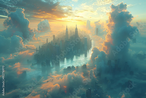 a surreal scene of a cityscape floating in the clouds, with skyscrapers, bridges and landmarks seemingly suspended in the air.
