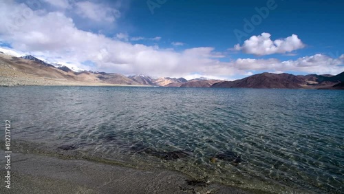 Crystal clear waters of Pangong Lake, at nearly 14,000 feet in elevation the world's highest saline lake, bordering India and Tibet