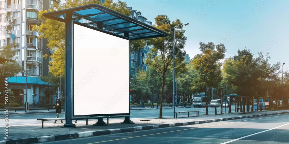 A blank white billboard at bus stop on street, for advertising mockups and urban city concepts and presentations.Mock up Billboard Media Advertising Poster banner template at Bus Station city street
