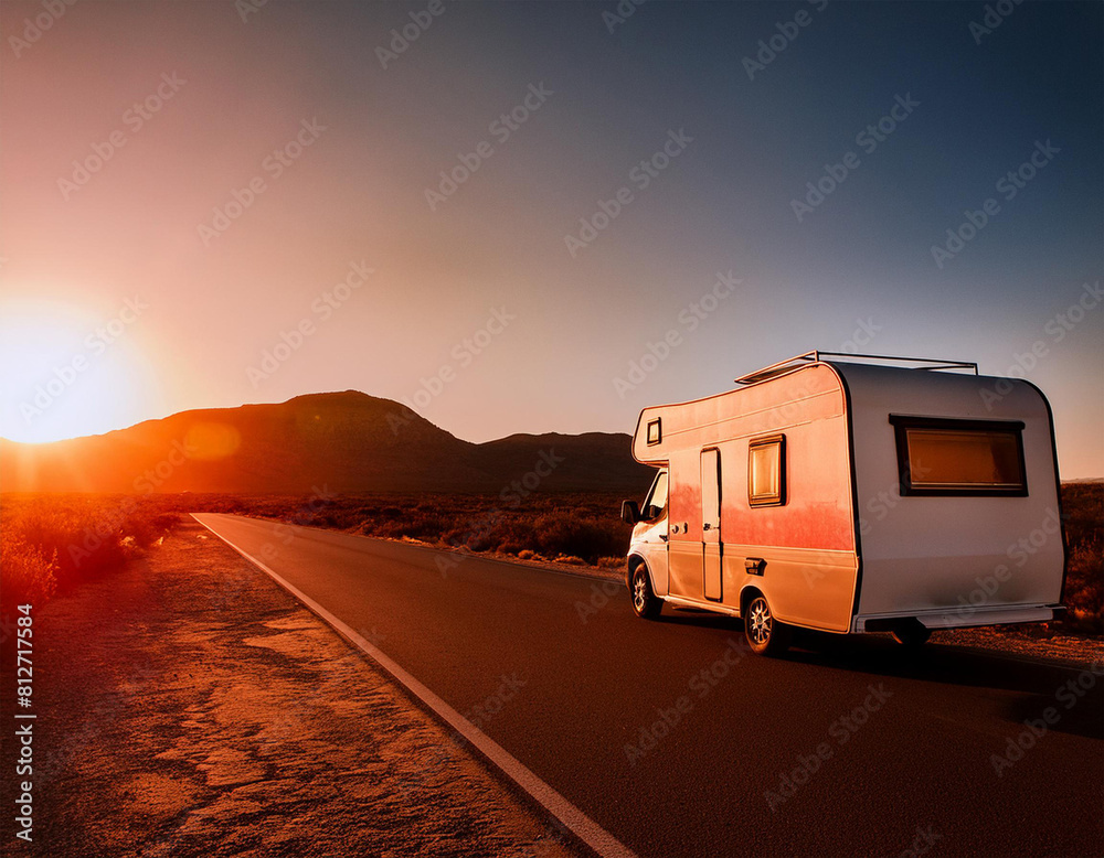 Obraz premium Family vacation with a motorhome, holiday trip in a motorhome, caravan holiday.