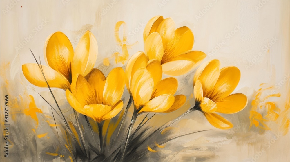 Obraz premium The oil painting of yellow crocuses with a grassy background in muted colors.