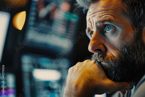 intense stock market trader reacting to key trade on computer screen concentration and anticipation
