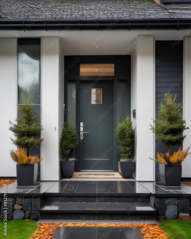 A modern home with dark grey paneling, featuring an entrance door framed in wood and glass A modern home with dark grey paneling, featuring an entrance door framed in wood and glass